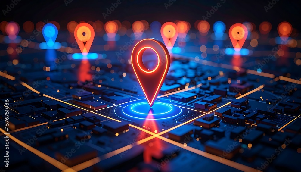 Aufkleber glowing location pinpoints on digital city map with futuristic navigation, and network.
