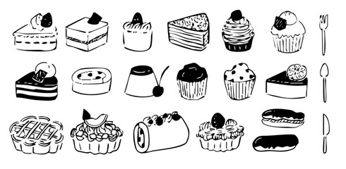 ケーキやアイスなどのスイーツを描いた手描き風線画イラストセット（お菓子 デザート ベクター）