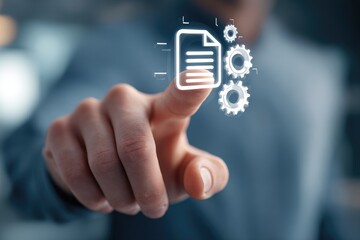 Hand interacts with document and gears graphic