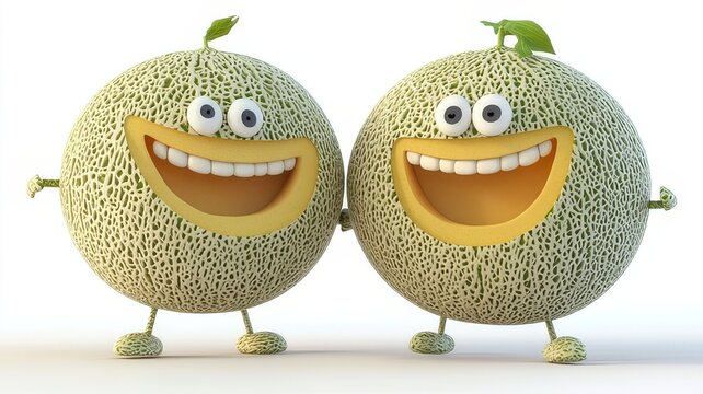 Two smiling cartoon melons with arms and legs stand side-by-side, their mouths shaped like melon slices.