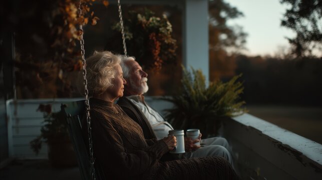 Peaceful morning coffee with older couple on porch swing