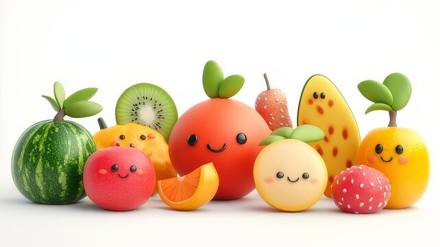 Cheerful cartoon fruits arranged together, showcasing a variety of happy expressions and vibrant colors.