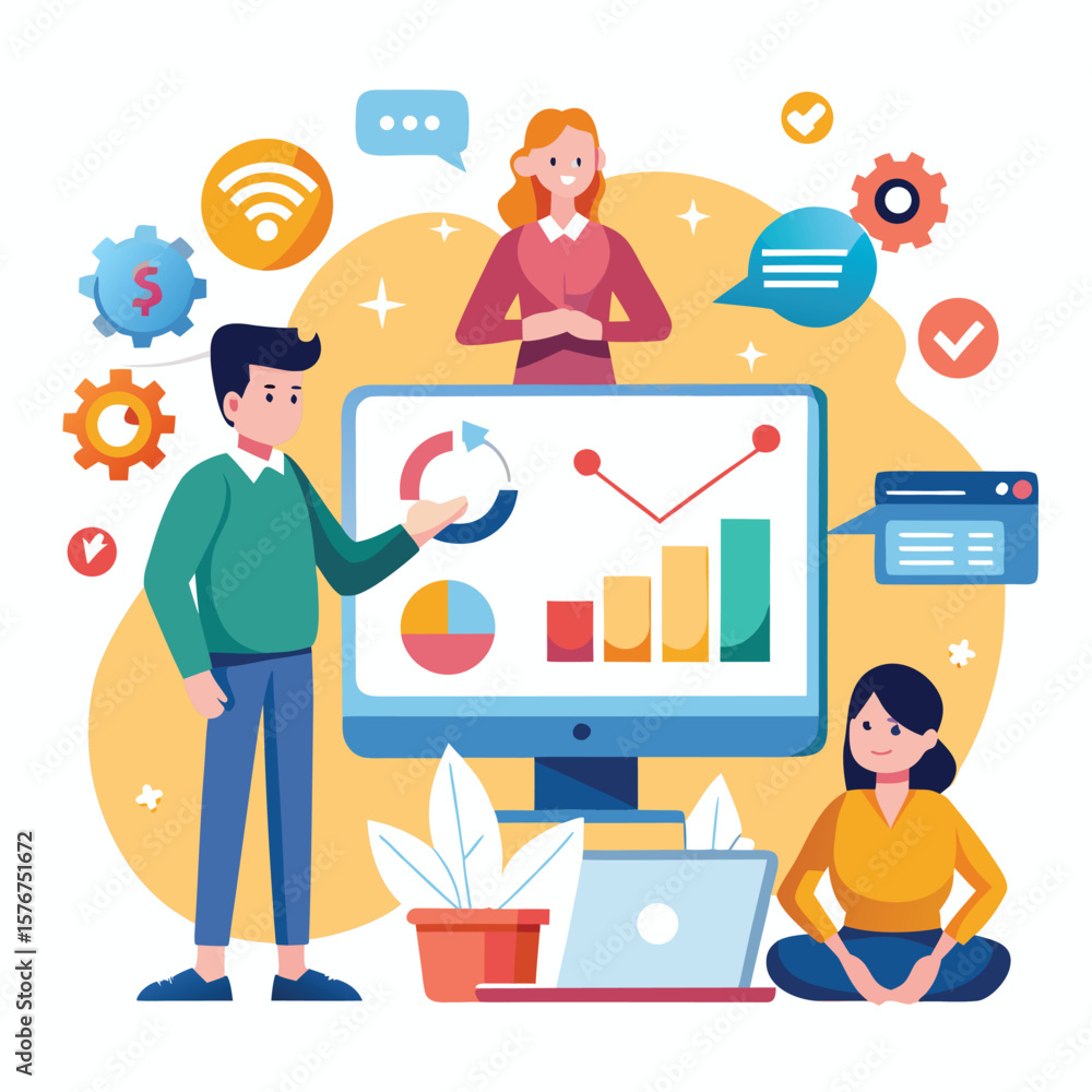 Poster team collaboration and data analysis depicted with icons of charts and digital devices in a flat ill