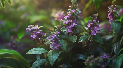 Lush purple flowers in a sunlit jungle