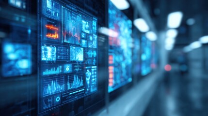 Futuristic technology data analysis screen interface monitoring control room graphs