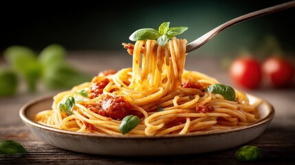 Delicious Italian Spaghetti Pasta with Rich Tomato Sauce and Fresh Basil Leaves Served on a Rustic Plate