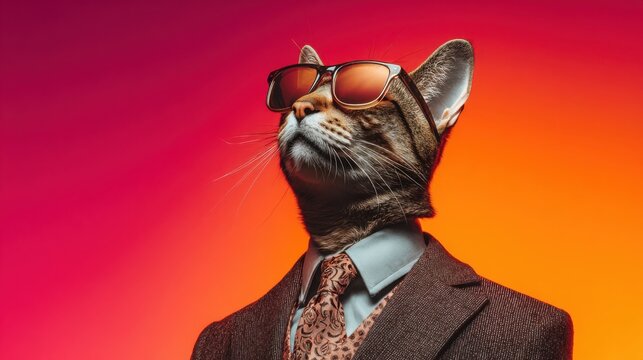 Confident Anthropomorphic Cat Businessman in Dapper Suit Sunglasses Portrait
