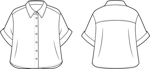 Short sleeve button down shirt technical flat sketch, front and back view, women’s fashion design template for digital apparel illustration