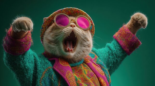 Funny fashion cat yawning with colorful style sunglasses excited