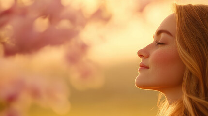 Close up of young woman with glowing skin enjoying peaceful moment outdoors during golden hour light
