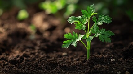 Young parsley sprout in rich soil