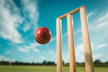 Red cricket ball in flight near wickets sport game