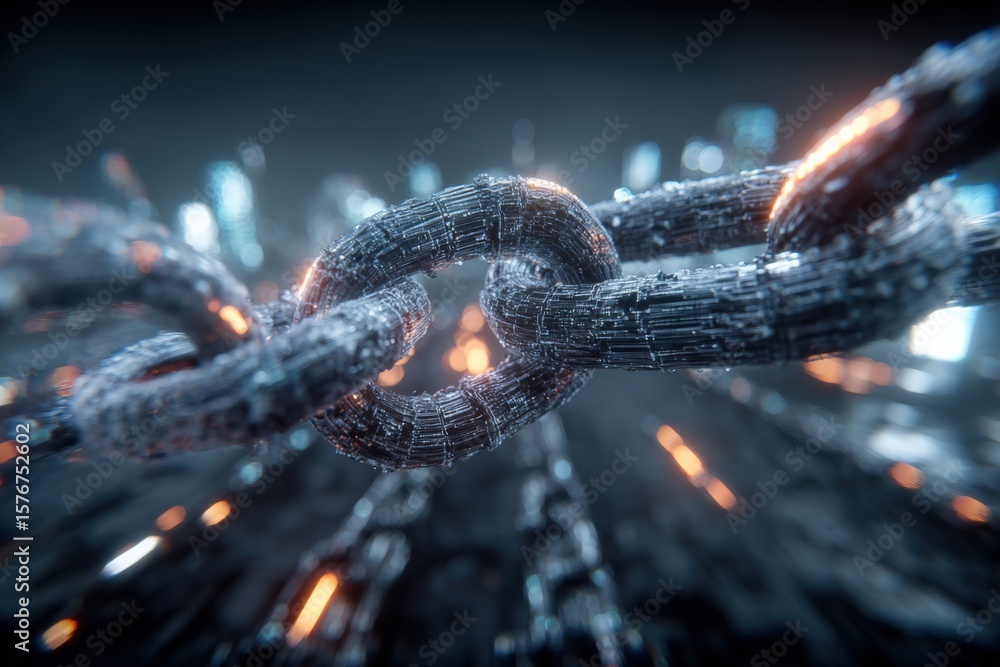 Poster close-up detailed digital rende of a metallic chain link symbolizing strength durability connection 