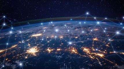 Earth at night showcasing bright city lights across its surface, intertwined with a complex cyber network representing global digital connections. A visual blend of planetary beauty and technological 