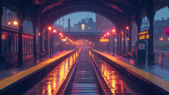 Rainy Train Station Platform at Night