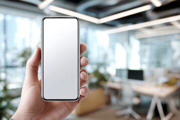 Hand Holding Smartphone with Blank Screen Mockup in the Office