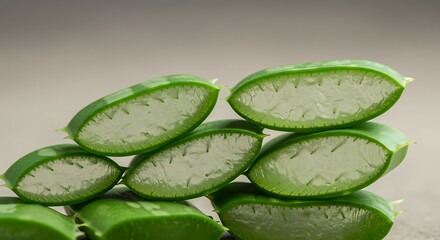 Stacked aloe vera slices reveal translucent gel and spiky edges against a neutral backdrop.