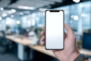 Hand Holding Smartphone with Blank Screen Mockup in the Office