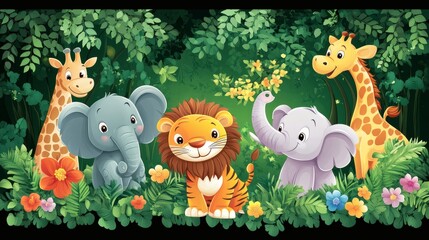 Naklejka premium Cheerful cartoon giraffe elephants and lion in a green forest