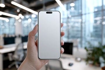 Hand Holding Smartphone with Blank Screen Mockup in the Office