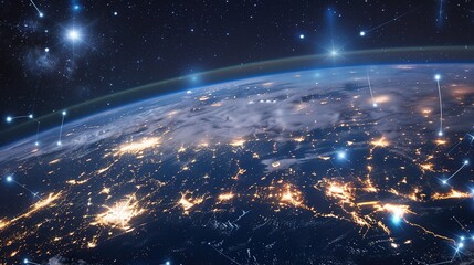 Earth at night showcasing bright city lights across its surface, intertwined with a complex cyber network representing global digital connections. A visual blend of planetary beauty and technological 
