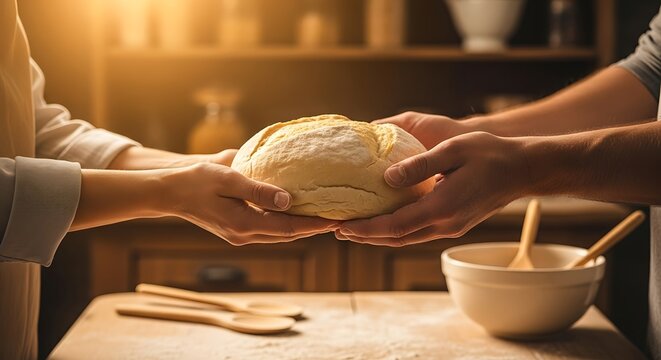 A freshly baked loaf of bread is gently exchanged between two people in a rustic kitchen setting.