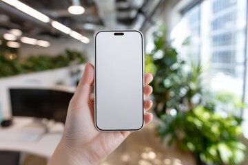 Hand Holding Smartphone with Blank Screen Mockup in the Office