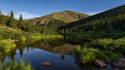 Obraz premium Serene mountain lake nestled in a valley.