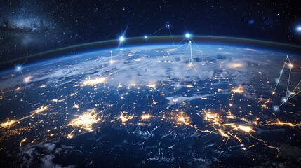 Earth at night showcasing bright city lights across its surface, intertwined with a complex cyber network representing global digital connections. A visual blend of planetary beauty and technological 