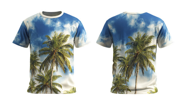 All over print t shirt mockup featuring palm trees and a blue sky.
