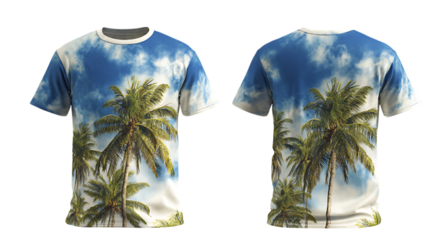 All over print t shirt mockup featuring palm trees and a blue sky.