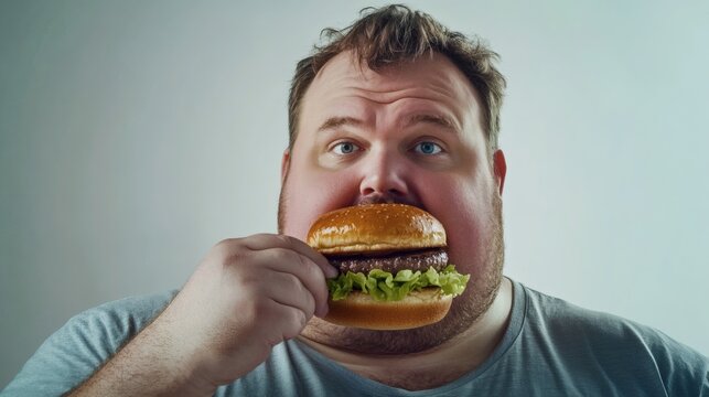 A man is eating a large hamburger intently looking forward