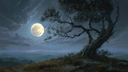 Fototapeta premium Dramatic moody night sky with full moon over nature landscape tree