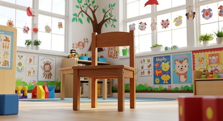 A child's wooden chair sits in a bright, colorful classroom with decorations and toys.