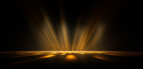 On a black background, several golden rays shoot to the ground, creating a stage spotlight atmosphere, suitable for performance and event - related design materials.