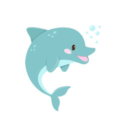 Smiling blue dolphin cartoon with bubbles and curved tail, great for aquatic character sets, sea animal decor, and cheerful ocean graphics.