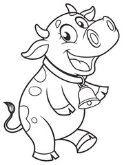 Fototapeta premium A happy cartoon cow with a bell around its neck and big friendly eyes. Line art only, very easy and fun to color for kids