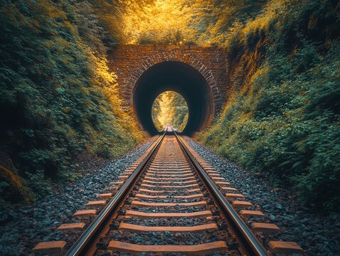 Railroad Tracks Leading to a Tunnel in a Forest