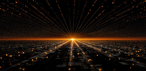On a black background, golden rays and light spots interweave into a radial pattern, like a tech network or cosmic star map, full of a futuristic feel, suitable for technology and sci - fi - related m