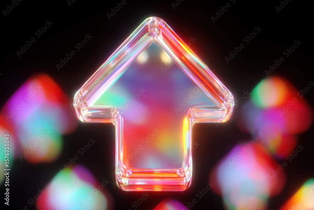 Poster glowing neon arrow pointing upwards with colorful blurred bokeh background illuminated vibrant lumin