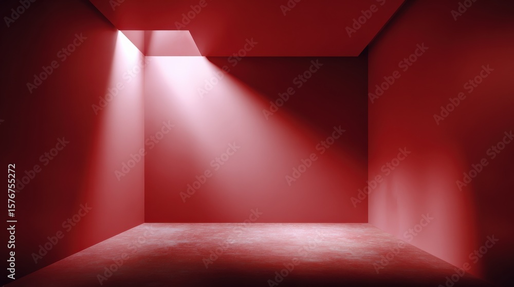 Poster minimalist empty room with red walls and floor bathed in soft light creating shadows and modern inte