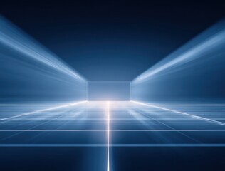 Futuristic Digital Soccer Field with Bright Lights and Neon Grid Under Night Sky for Modern Sports and Technology Concept