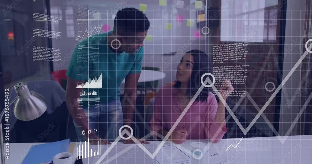 Aufkleber woman writing notes on report while colleague leaning pointing as business charts and map pulsing