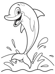 Obraz premium A happy cartoon dolphin jumping out of the water with a big smile. Simple black-and-white line art, perfect for ocean-themed coloring pages