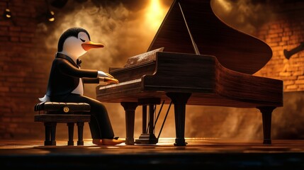 A cartoon penguin playing a grand piano on a stage