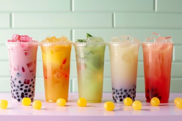 Row of colorful bubble tea drinks on pastel table