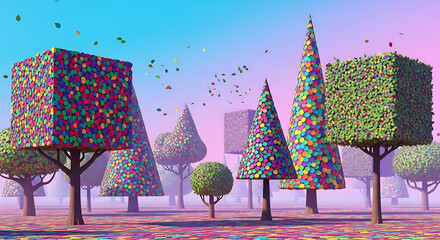 Obraz premium Colorful Geometric Trees in a Fantasy Forest.