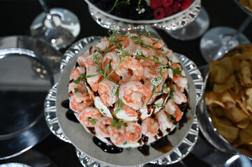 shrimp terrine with tare sauce, shrimp terrine, buffet food in restaurant, haute cuisine, close up of terrine	