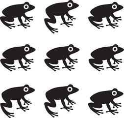 Naklejka premium Cute Frog Silhouette VectorJumping Frog Illustration DesignWild Pond Frog Silhouette ArtTree Frog Vector GraphicFrog Sitting in Nature Silhouette