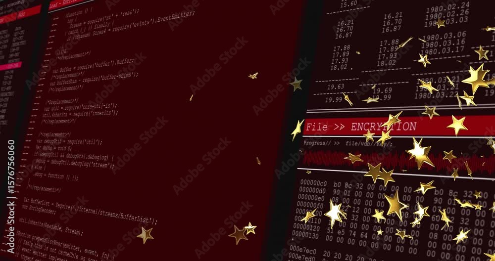 Poster golden stars drifting swirling across code editor and file encryption banner showing process